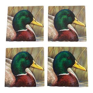 4 Bernard Green Head Duck Louisiana Absorbent Stone Cork Back Coaster Set NEW